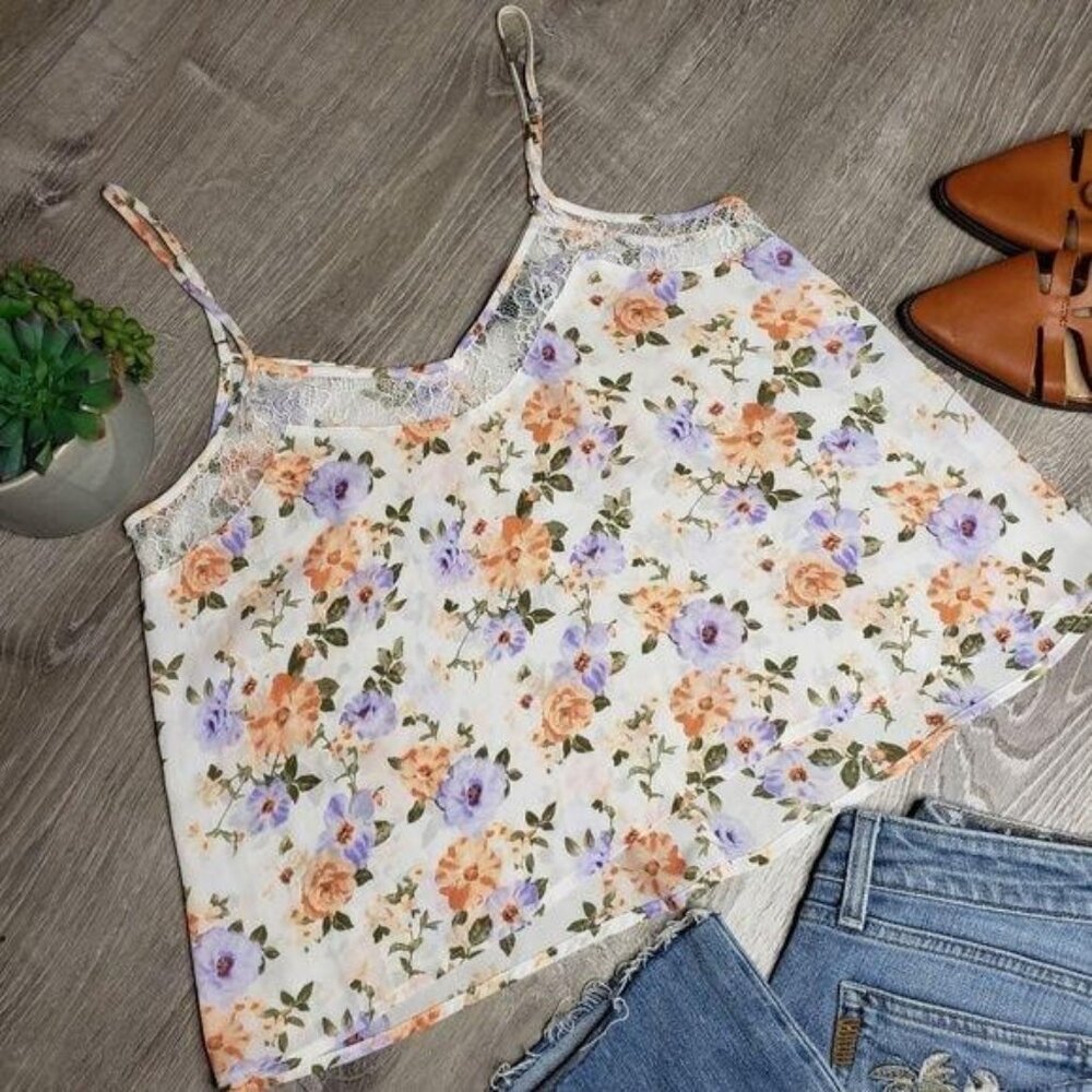Forever 21 Floral Print Lace Trim Cami Tank Top Size S Ivory summer cottage core